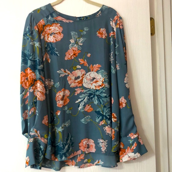 LOFT Tops - Grey-blue floral long sleeve blouse
